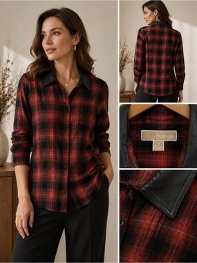MICHAEL Kors oversized button down blouse plaid red black faux leather small